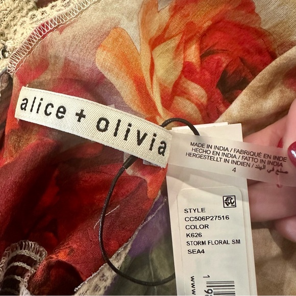 Alice + Olivia Lara Deep V Lace Trim Mini Dress — Multicolor Floral Size 4 NWT - Picture 7 of 13